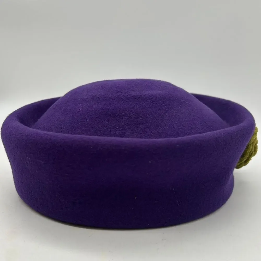 Vintage 80s Purple Wool Felt Pillbox Hat Olive Velvet Rosette Flowers 56cm Sz M - Picture 7 of 13